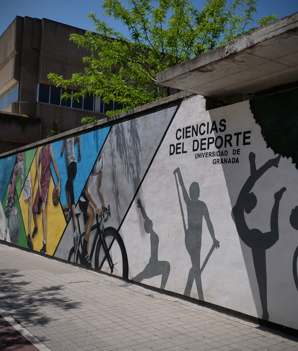 Muro de la entrada exterior de la Facultad de Ciencias del Deporte pintado representando diferentes deportes