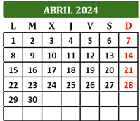 Calendario mes abril 2024